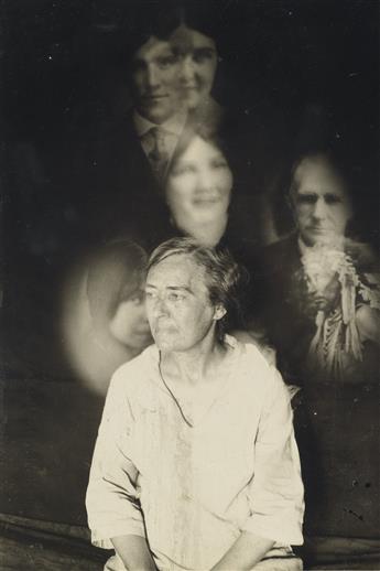 (SPIRIT PHOTOGRAPHS) A collection with 7 spookily rendered spirit photographs depicting sitters among shrouds of floating photographic
